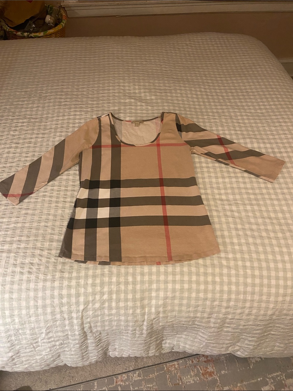 Burberry Beige Plaid Long Sleeve Top with Black & Red Accents. loved condition L